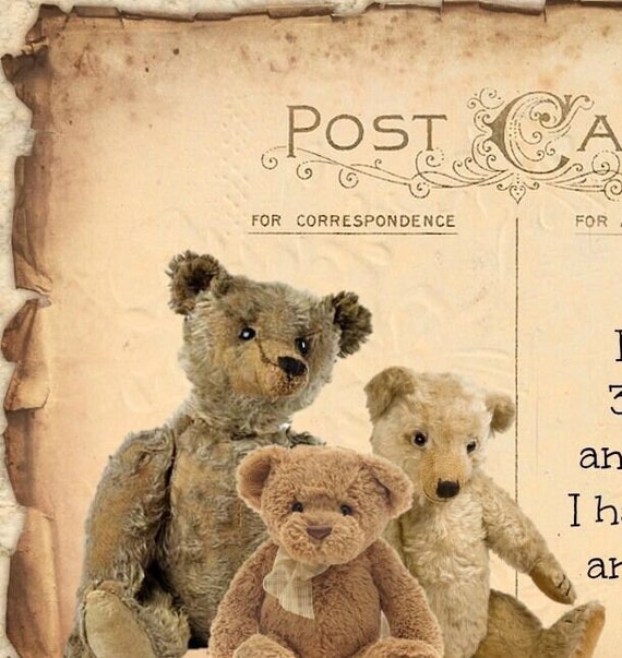 6 Tattered Post Card Teddy Bear Personalised Thank You Cards