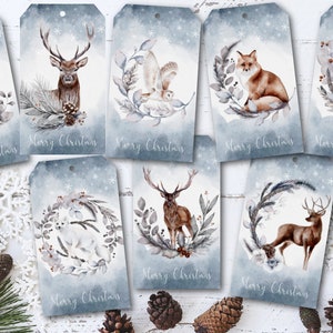 8 Winter Woodland Animals Christmas Gift Tags & Ribbon