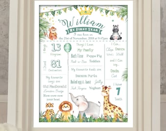 May include: A green and white illustrated first birthday chart for a boy named William. The chart includes his weight, height, favorite foods, songs, and things he can do. The chart features jungle animals like a monkey, lion, elephant, and giraffe.