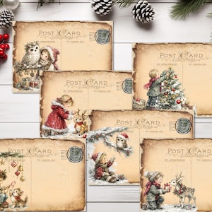 May include: A collection of six vintage-style postcards featuring sepia-toned paper with frayed edges. Each card displays festive illustrations of children, owls, reindeer, and kittens in winter settings, complete with printed postmarks and text.