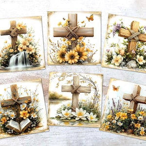 Peut inclure: Six impressions d'art carrées représentant des croix en bois ornées de compositions florales. Chaque impression présente une composition unique avec diverses fleurs, papillons et éléments naturels, créant une esthétique sereine et artistique.