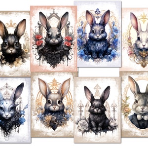 8 conejos góticos de Pascua, conejitos surtidos, etiquetas para hacer tarjetas ATC, adornos