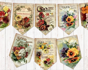 Vintage Garden Summer Flower Annuals Seed Catalogue Shabby Chic Bunting & Ribbon