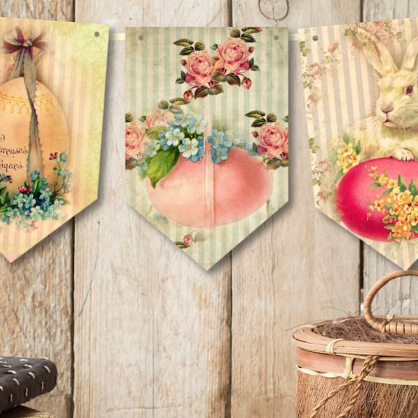 Traditional Vintage Victorian Style Easter Bunting - Floral Eggs & Bunnies