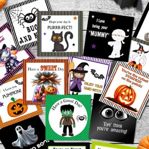 May include: A set of 12 printable Halloween gift tags featuring various spooky and cute characters, including a spider, a cat, a mummy, a witch, a pumpkin, a ghost, and a monster. The tags are decorated with black and white stripes, orange and black polka dots, and green and white stripes. The text on the tags includes phrases like "Bug and Kiss", "Purrr-fect", "I Love You Pumpkin", "Have a Sweet Day", "Enjoy Your Sand-Witch", "You're the Cutest Pumpkin on the Patch", "Eye Think You're Amazing", and "Have a Great Day!"