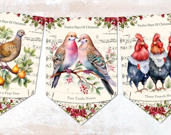 Twelve (12) Days of Christmas Traditional Vintage Style Bunting & Ribbon - 3m / 12 Flags