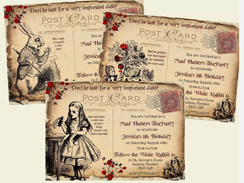 May include: Vintage-style postcards with illustrations and text from Alice in Wonderland. The cards feature the White Rabbit, Alice, and other characters, with red rose accents. Text includes party invitations.