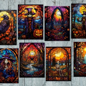 8 Halloween Stained Glass Style ATC Cards Tags Embellishments (A)