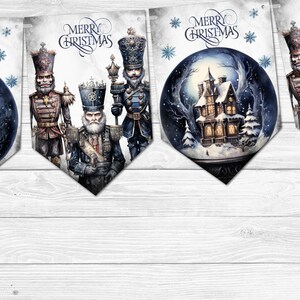 May include: A Christmas banner with four panels featuring a snow globe with a gothic house, a snow globe with a castle, and two nutcracker soldiers. The banner has the text "Merry Christmas" on each panel.