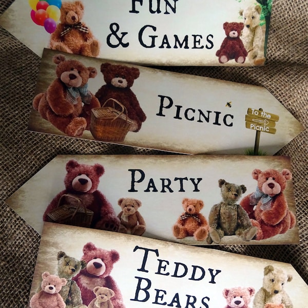 4 Teddy Bear's Picnic Party Decoration Signs Arrows