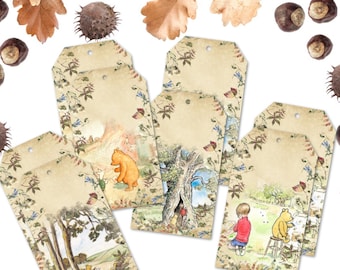8 Wildflower Vintage Style Winnie the Pooh Gift Tags & String