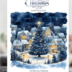 May include: A Christmas card with a watercolour illustration of a snow-covered village at night. A decorated Christmas tree is central, with the words "Merry Christmas & Happy New Year" at the top. The card is personalised with the names "William & Sara".