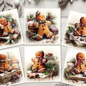 Può includere: Illustrazioni ad acquerello di omini di pan di zenzero con decorazioni festive. Ogni immagine presenta un omino di pan di zenzero con un volto sorridente, circondato da elementi festivi come biscotti, agrifoglio e candele. Il tema generale è il Natale e la pasticceria natalizia.