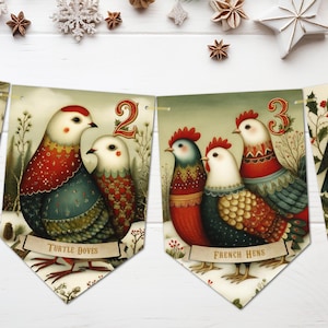 May include: A festive banner featuring four pennants with illustrations of the Twelve Days of Christmas. Each pennant displays a numbered red numeral and a banner with text including Turtle Doves, French Hens, and Calling Birds in a folk art style.