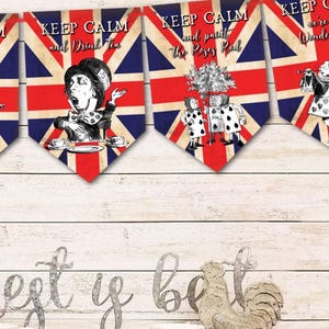 Alice in Wonderland 'Keep Calm' Union Jack Party Bunting/Banner & Ribbon