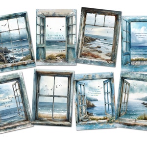 8 Beach & Sea View Windows Card Toppers Scrap Book Tags Nautical Journal Cards