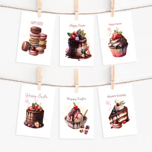 Könnte beinhalten: Sechs Aquarell-Illustrationen von verschiedenen Desserts mit dem Text "Frohe Ostern" auf jeder Karte. Die Desserts umfassen einen Stapel Macarons, einen Schokoladenkuchen mit Erdbeeren und Blaubeeren, einen Schokoladen-Cupcake mit Erdbeeren, einen Schokoladenkuchen mit Erdbeeren und Blaubeeren, ein Schokoladen-Eisbecher mit einer Kirsche obenauf und ein Stück Schokoladenkuchen mit Erdbeeren und Blaubeeren.
