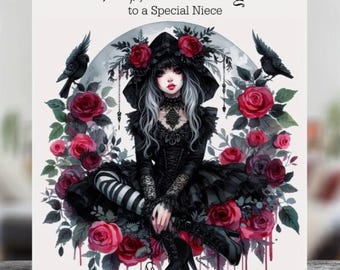 Anime Style Gothic Girl & Roses Personalised Glossy Birthday Card - Choose Size
