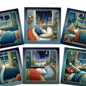 May include: Six square Christmas cards with illustrations of mice sleeping in beds. Each card shows a mouse under a blue patterned blanket, with a snowy window view. The text "Twas the night before Christmas..." is displayed on each card.