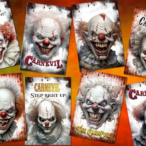 8 Halloween Scary Clown Circus 'CarnEvil' ATC Cards Tags Embellissements