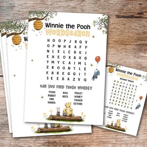 May include: A stack of Winnie the Pooh Wordsearch activity sheets. The sheets feature a word search puzzle with a list of words to find, along with illustrations of Pooh, Piglet, and other characters. The answer sheet is also visible.