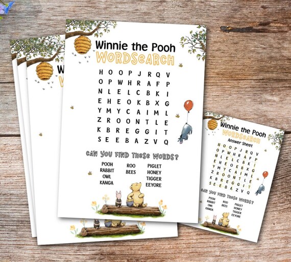 Winnie the Pooh Party Game Wordsearch Puzzles plus Answer Sheet