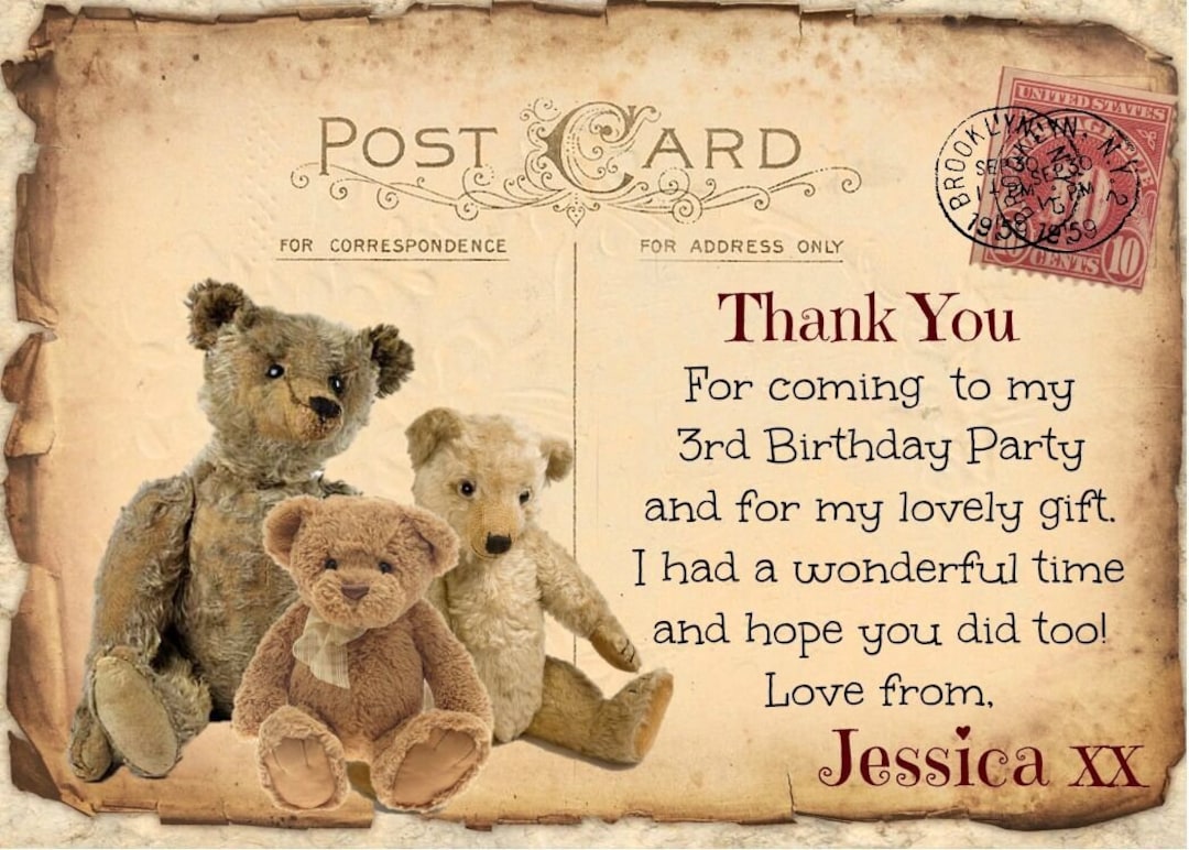 6 Tattered Post Card Teddy Bear Personalised Thank You Cards