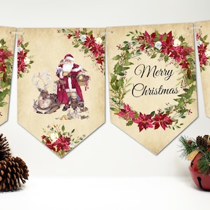 Traditional Vintage &#39;Merry Christmas&#39; Christmas Bunting/Banner & Ribbon 8 Flags