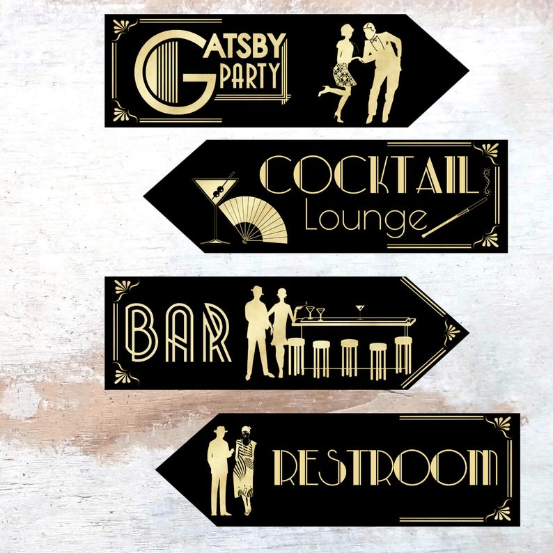 May include: Four black and gold arrow signs with gold art deco designs and text. The signs read "Gatsby Party", "Cocktail Lounge", "Bar", and "Restroom".