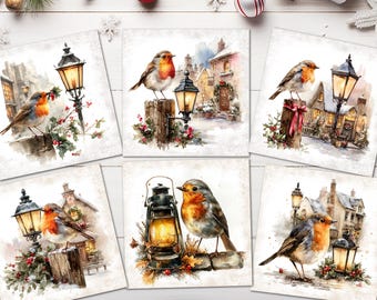 6 Christmas Robins with Lanterns Card Toppers Card Making Decorations - 3.5"
