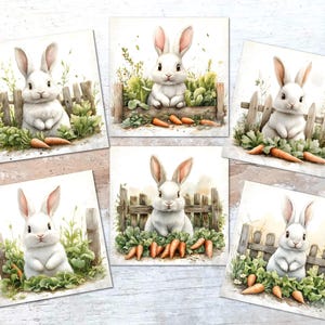 Puede incluir: Ilustraciones en acuarela de conejos blancos con orejas largas, zanahorias y una valla de madera. Los conejos están rodeados de follaje verde. La obra de arte tiene una paleta de colores suaves y pastel, perfecta para la decoración de Pascua o primavera.
