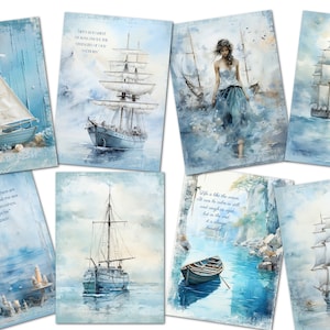 8 tarjetas con etiquetas para hacer tarjetas estilo acuarela con citas de barcos náuticos