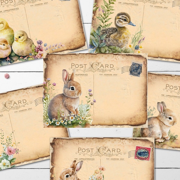 6 Easter Post Cards Bunnies Chicks & Spring Lamb Floral Vintage Tatty Style