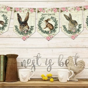 Tradicional Vintage French Style Easter Bunny Rabbit Card Bunting & Ribbon