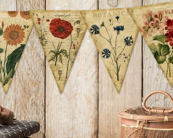 Vintage Style Summer Floral Botanical Bunting/Banner with Organza Ribbon - 3m