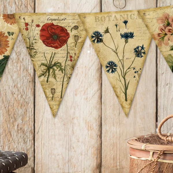 Vintage Style Summer Floral Botanical Bunting/Banner with Organza Ribbon - 3m