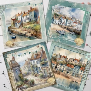 4 Seaside Cottages Beach Toppers pour cartes, décorations pour carterie - 5" carrés