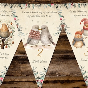 May include: A set of three triangular Christmas banners with watercolour illustrations. Each banner displays a verse from the "12 Days of Christmas" song, with images of a partridge, turtle doves, and French hens. The banners are decorated with floral and berry accents.