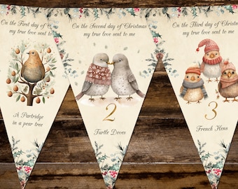12 Days of Christmas Traditional Vintage Style Bunting & Ribbon - 3m / 12 Flags