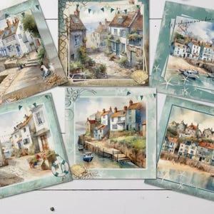 May include: A set of watercolour prints depicting coastal scenes. Each square print shows buildings, boats, and seaside elements in a vintage style. The prints are framed with decorative borders and seashell accents.