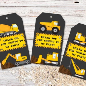 6 Large Construction Digger Party Thank You Tags & String
