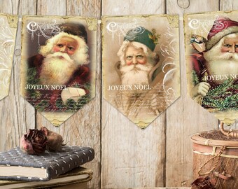 Vintage Victorian Santas Christmas Bunting/Banner & Ribbon