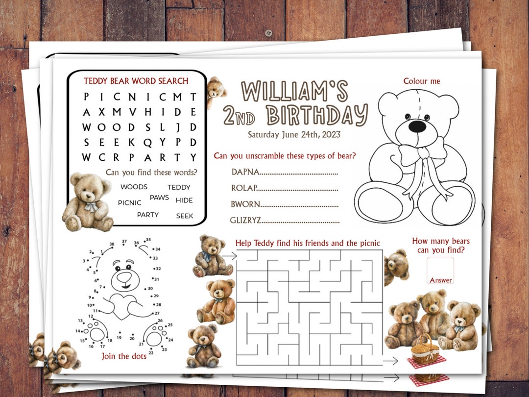 Personalised Teddy Bears Picnic Activity Games Puzzle Sheet Table Place ...