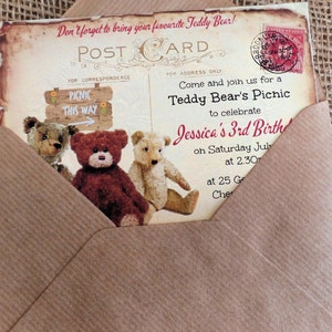 6 cartes postales en lambeaux Le pique-nique d'un ours en peluche, invitations et enveloppes personnalisées
