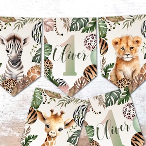Personalised Jungle Safari Cute Baby Animals Birthday Party Bunting Decoration