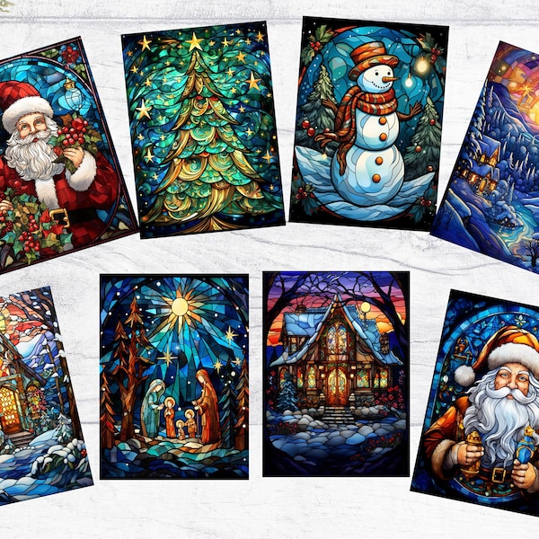 8 Christmas Stained Glass Style ATC Tags/Toppers Card Making Gift Tags Cards - Set A