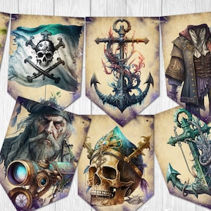 Puede incluir: Un conjunto de 8 pancartas de fiesta con temática pirata con imágenes de una calavera y huesos cruzados, un ancla, un capitán pirata, una calavera y un atuendo de pirata.