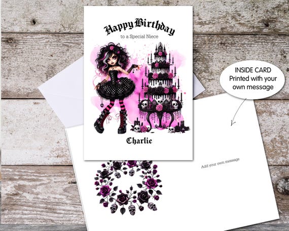 Personalised Gothic Girl Birthday Card, Happy Birthday Card, Goth Girl, Greeting Card, Daughter, Granddaughter, Niece, 12th 13th 14th 1525