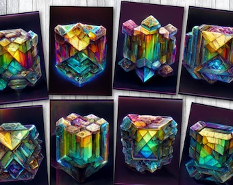 Set of 8 A.I Generated Artwork 'Bismuth Crystal' ATC Tags/Toppers/Embellishments
