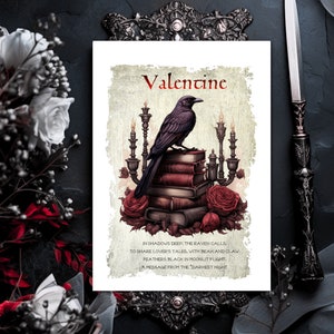 Carte de voeux et enveloppe pour la Saint-Valentin avec corbeau gothique et roses rouges